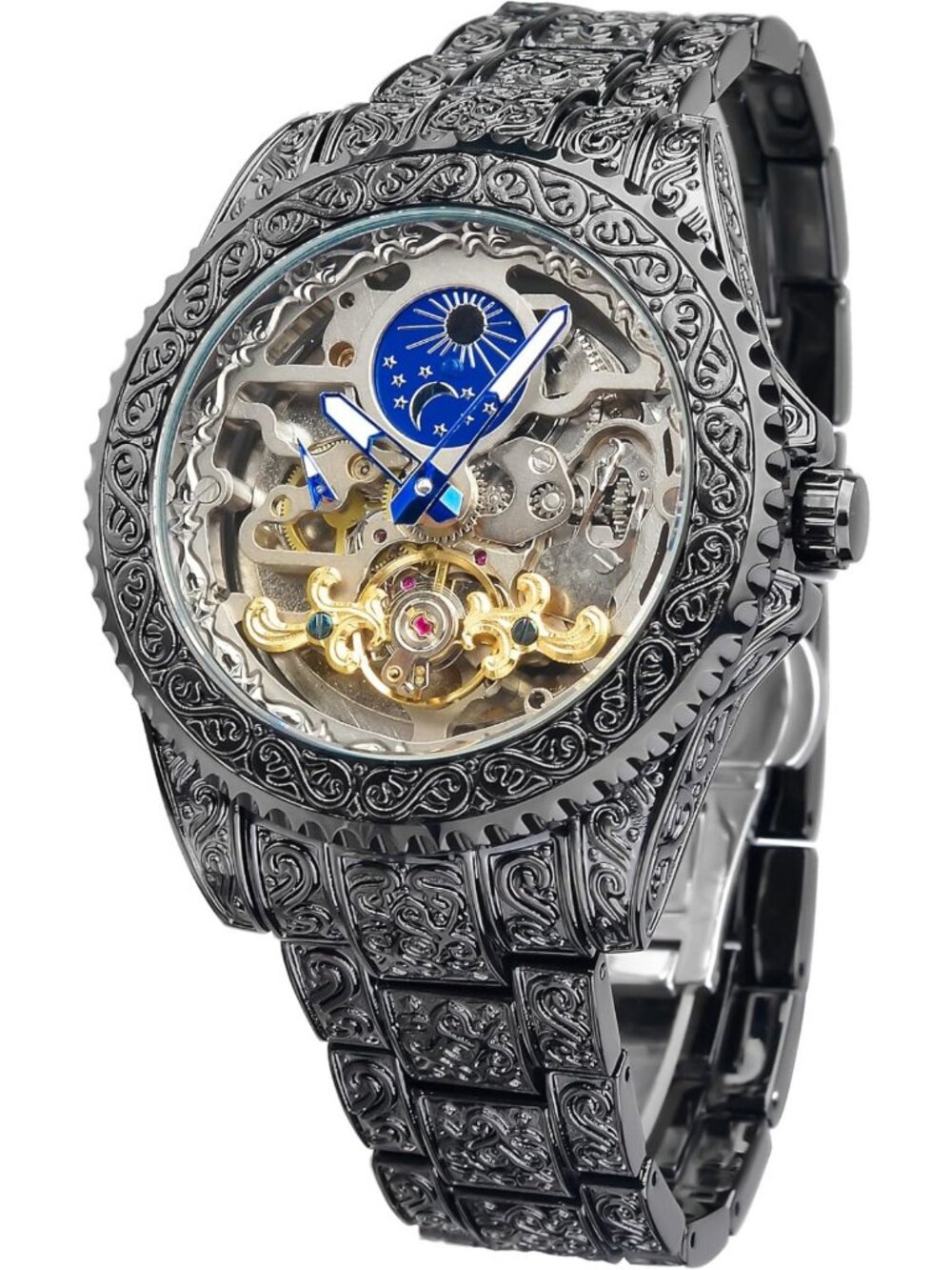 Vintage Men's Automatic Mechanical Watch - Big Dial, Luminous, Moon Phase